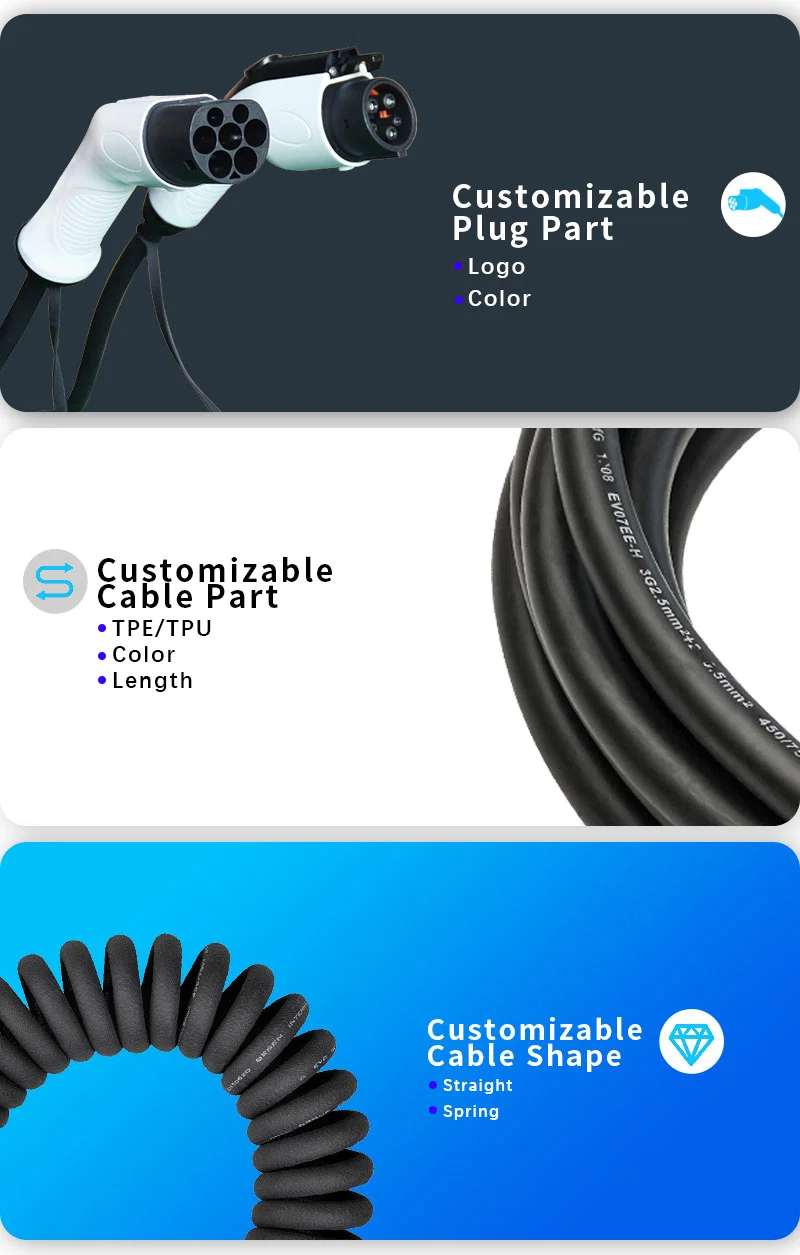 Manufacturer with Complete Certificates 16A Single Phase Type 1 to Type 2 Mode 3 EV Charging Cable