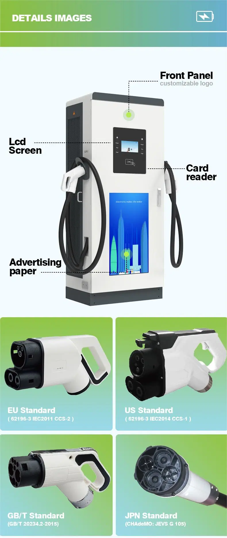 Electric Vehicle Charging Station 120kw DC Charging Station Ground-Mounted Type EV Charger DC Charging Pile Chademo 4G Wi-Fi RFID Card Ocpp1.6j OEM ODM