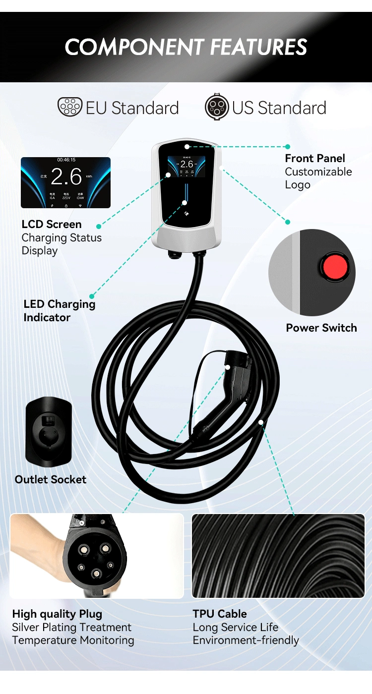 Wallbox Fast Home EV Charging Station /7/11/22kw LCD Display Portable EV Charger Charging Pile Manufacturer New Energy Charging Gun Electric Vehicle