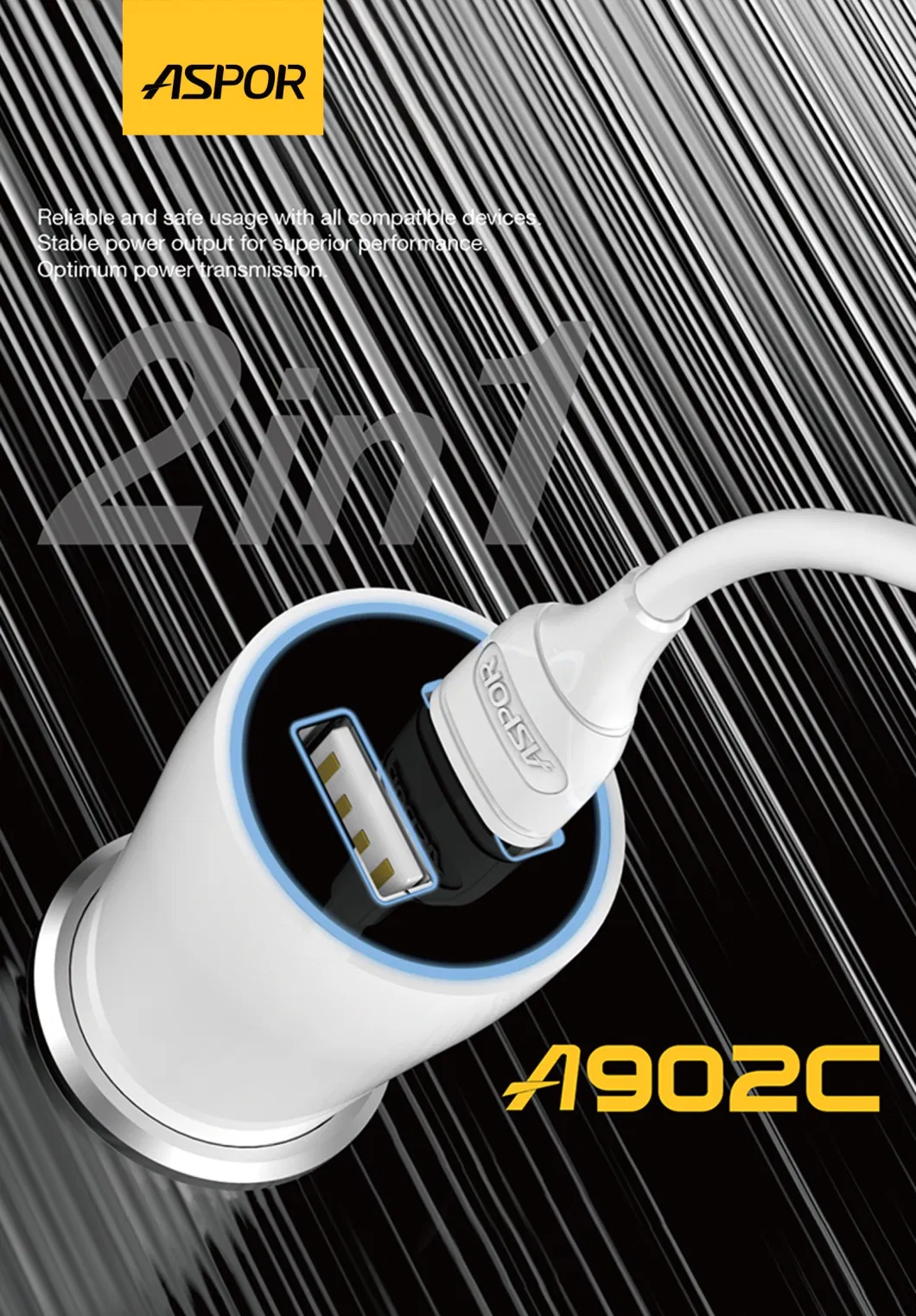 Iq 2.4A 2in1 Combo with Micro/Lighting/Type-C Cable 2USB Car Charger with Light for Aspor in China