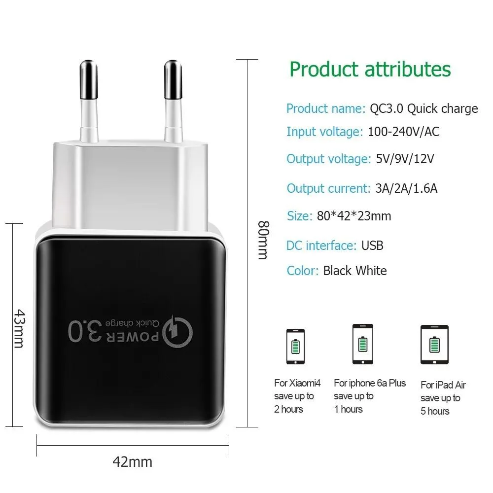 QC 3.0 Fast Wall Charger USB Quick Charge 5V 3A 9V 2A Travel Power Adapter Fast Charging Us for iPhone X Xs Samsung Huawei Tablet