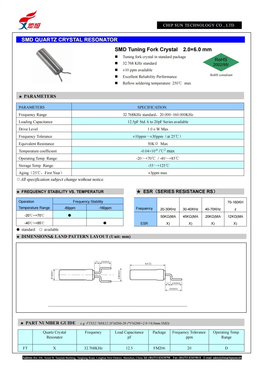 FM206 32.768kHz Quartz Crystal SMD2.0*6.0mm Other Load Capacitance PF Manufacturer 20ppm Tuning Fork Xtal Quartz Crystals Resonator