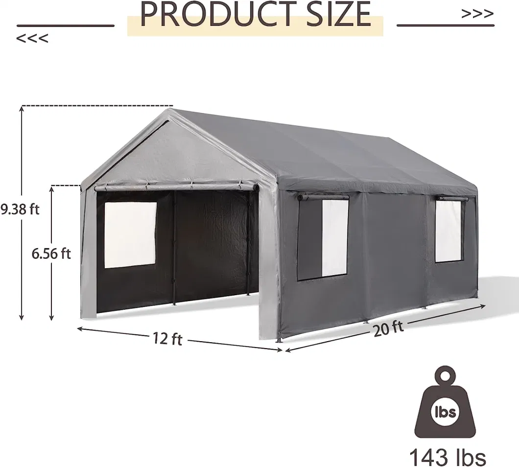 Portable Garage with Removable Sidewalls &amp; Doors for Car, Truck, SUV, Car Canopy with All-Season Tarp