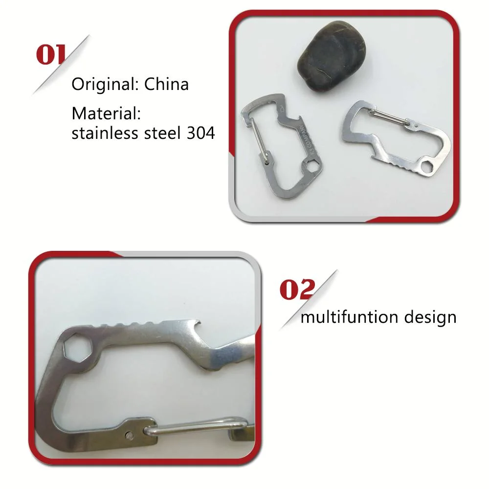 Multi-Function Stainless Steel Spring Mountaineering Climbing Carabiner Hanging Buckle Bottle Opener with Customized Laser Logo