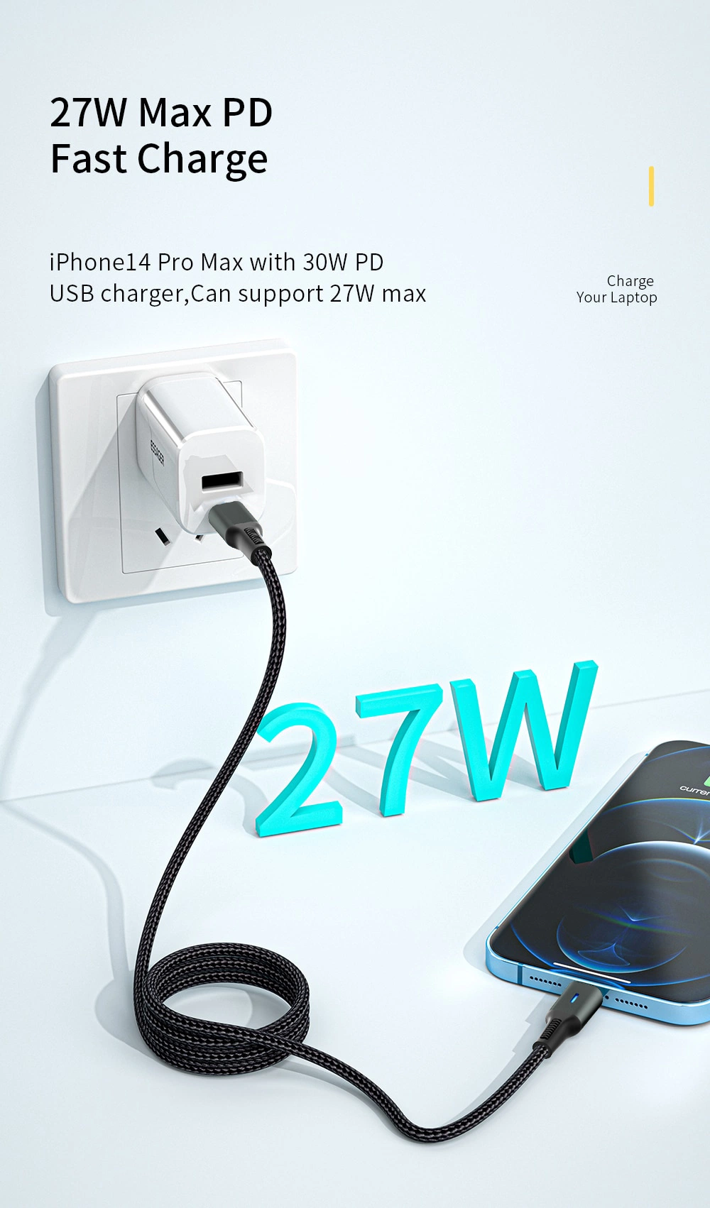 1m 2m 3m Pd 27W Fast Charge Cable for iPhone 14 13 12 11 PRO Max X 6 7 8 Plus Se iPad USB Type C to Lighting Data Charger Usbc Wire