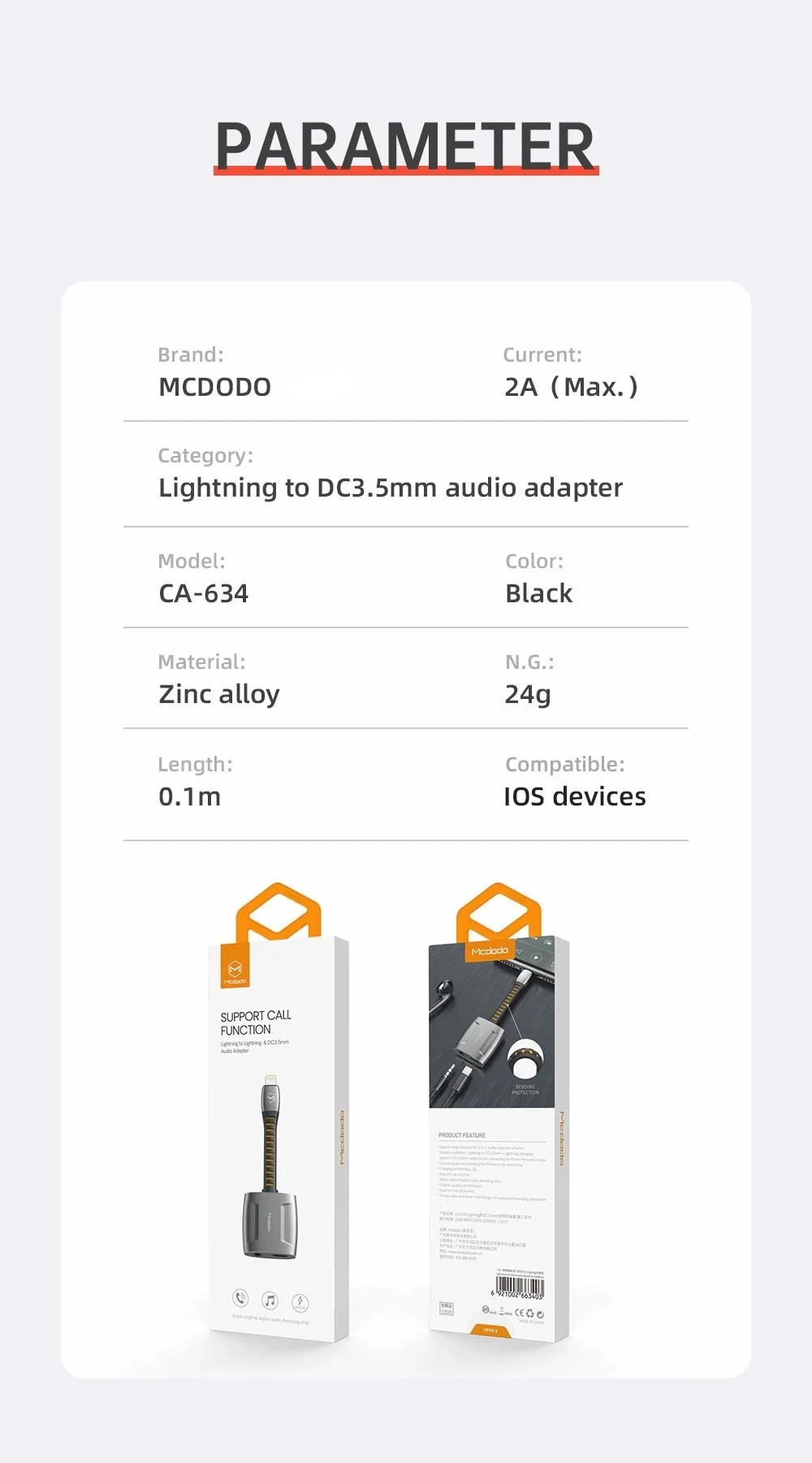 Mcdodo DC3.5+Lighting 2-in-1 Audio Adapter Cable with High Quality