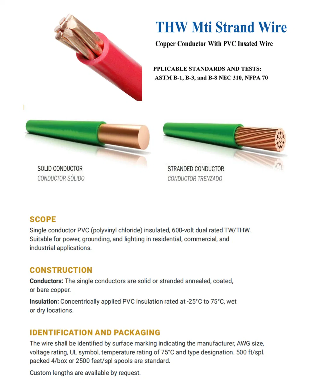 Cable American Standard 600V Copper/PVC 8AWG 10AWG 12AWG Thw Electrical Wire for Building