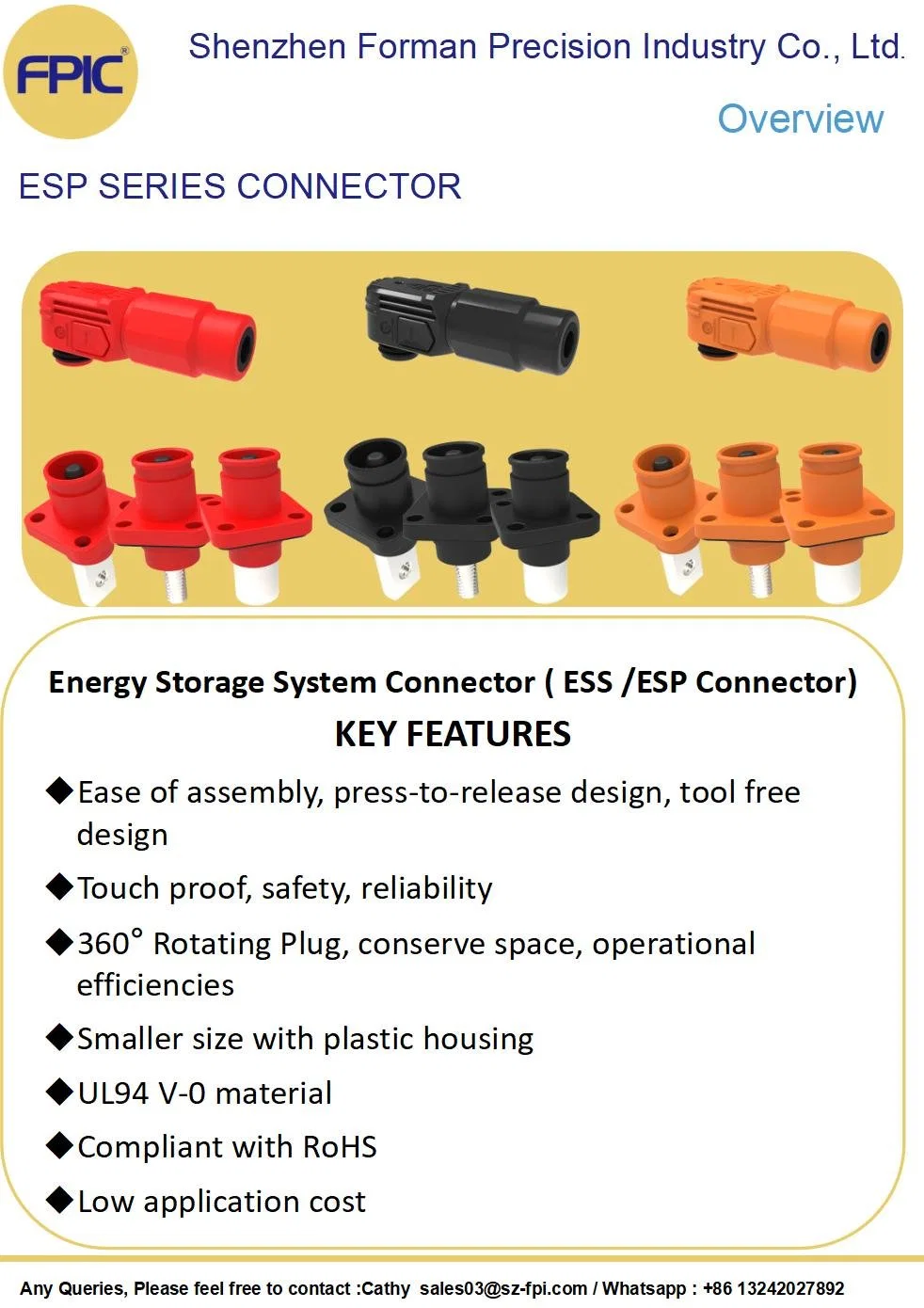 UL TUV Fpic Factory Custom High Voltage Connector Power Energy Storage Battery Connector