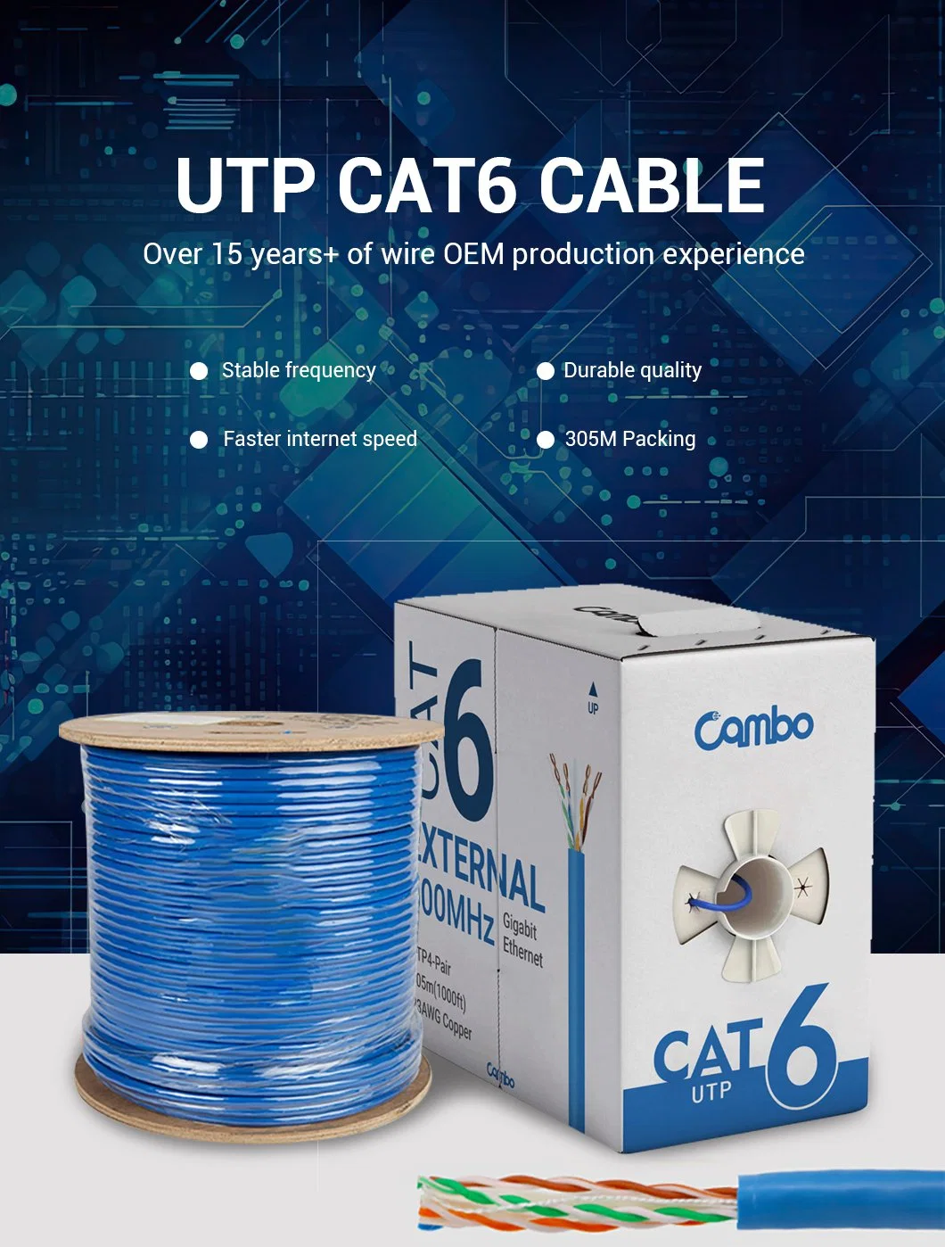 Unshielded UTP 0.56mm 23AWG CAT6 305m Pure Bare Copper Indoor Ethernet Network Cable