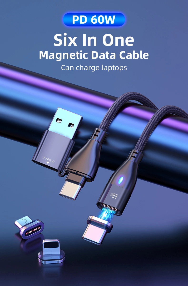 1m 2m Type C Micro USB Lighting Nylon Cable 6 in 1 Pd 60W 3A Fast Charging Data Sync Magnetic USB Cable