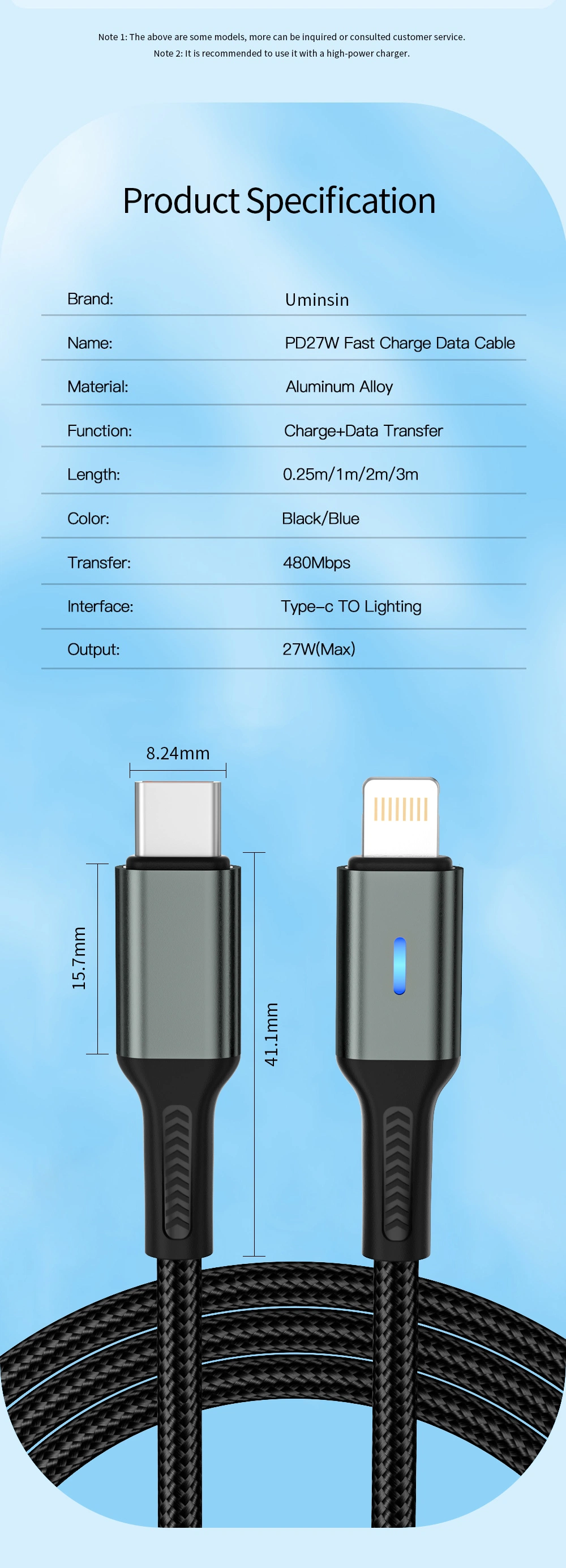 1m 2m 3m Pd 27W Fast Charge Cable for iPhone 14 13 12 11 PRO Max X 6 7 8 Plus Se iPad USB Type C to Lighting Data Charger Usbc Wire