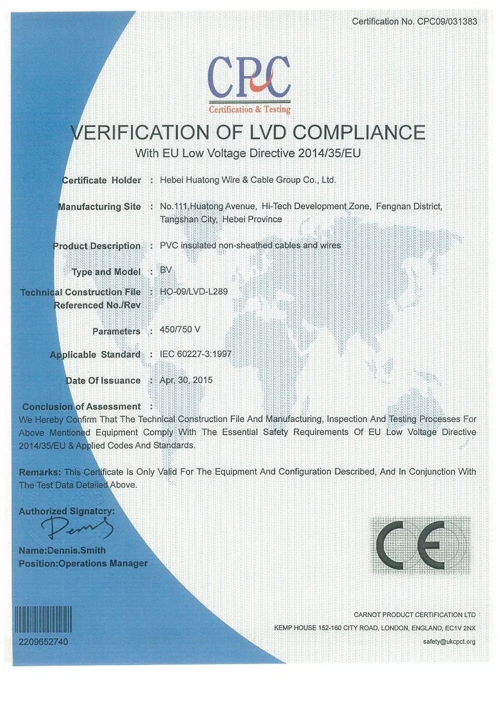 Single Copper Core CCC/GB Type IEC06, IEC08 RV PVC Insulation Flexible Power Cable