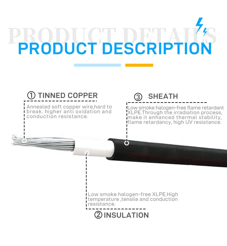 Flame Retardant Xlpo Tinned Copper DC Solar Photovoltaic PV Cable 4mm 6mm 10mm Waterproof Electric Power Solar Cable