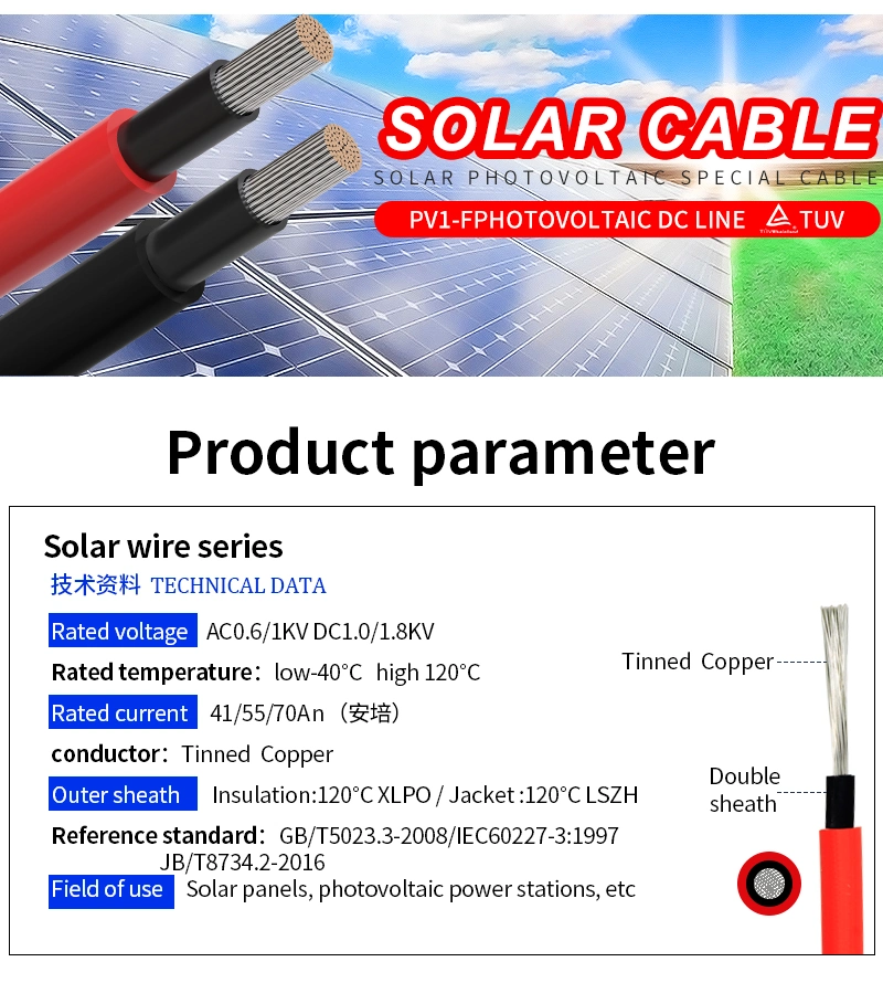 Solar Panel Xlpo Insulation Cable DC 1.5kv Cable Single Core Tinned Copper 4/6/8/10 mm2 TUV