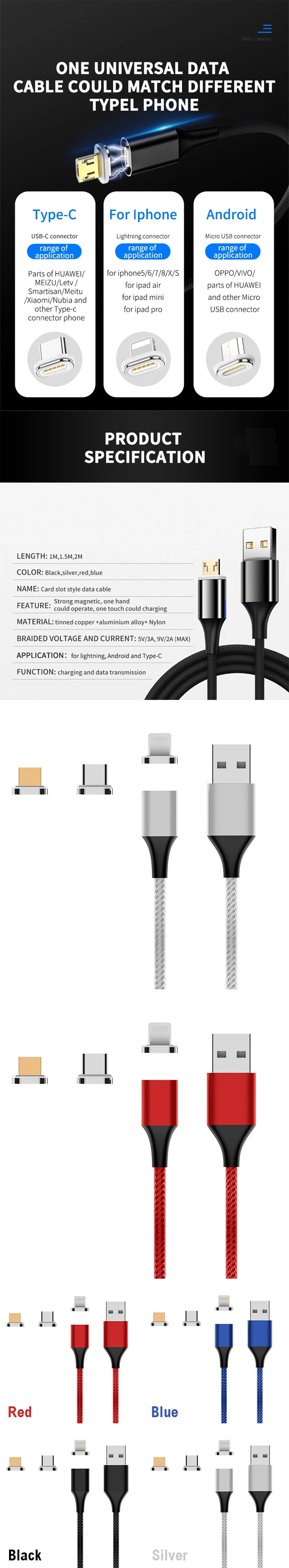 Rt-Mc16 3 in 1 Magnetic Micro USB Type C Lighting Fast Charging Cable