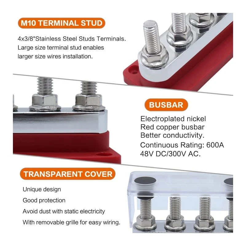 Marine Battery Ground Distribution Block DC 12-48V with Cover 600A 4 Stud (3/8&quot;) M10 Terminal Block Copper Bus Bar