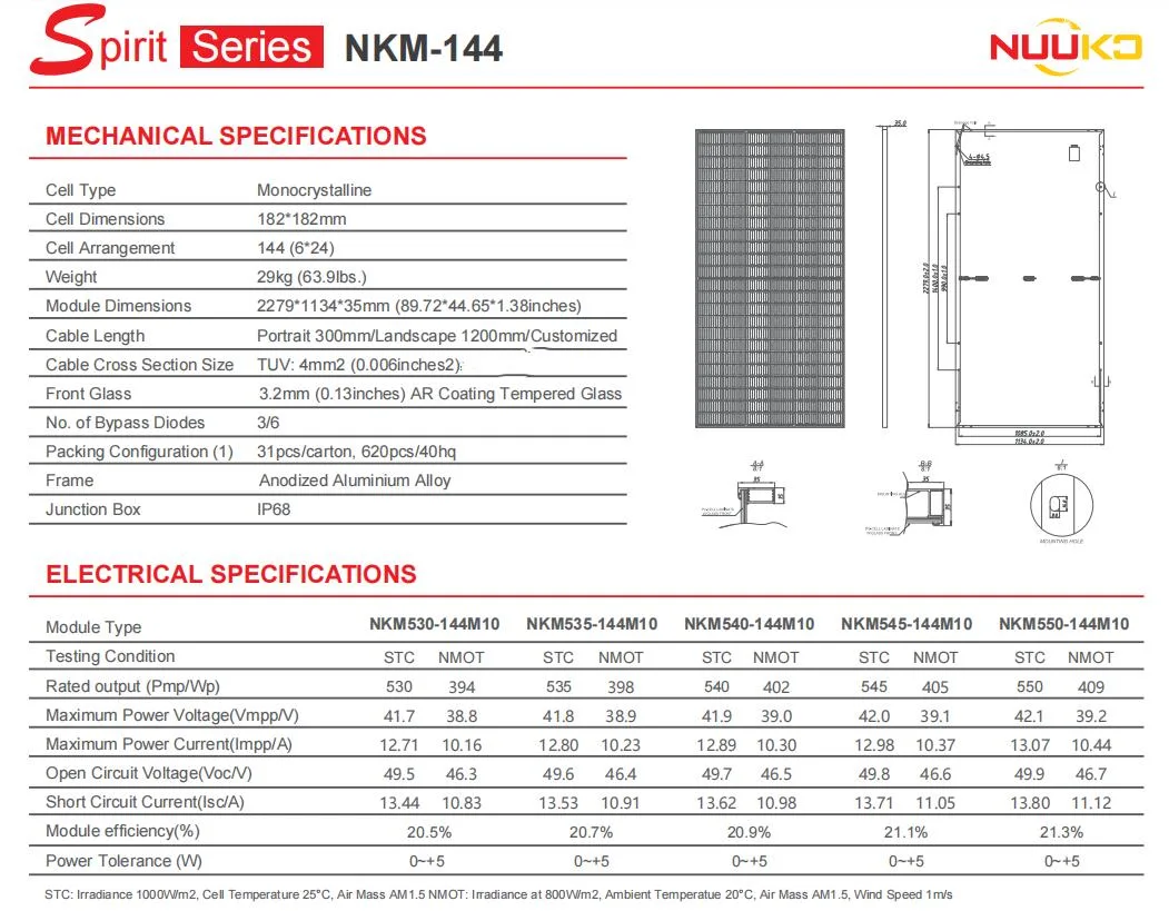 Nuuko High Efficiency 530W 535W 540W 545W 550W for Home Electricity with Solar Battery TUV/CE CB Retie Iecee ISO CQC IEC Inmetro