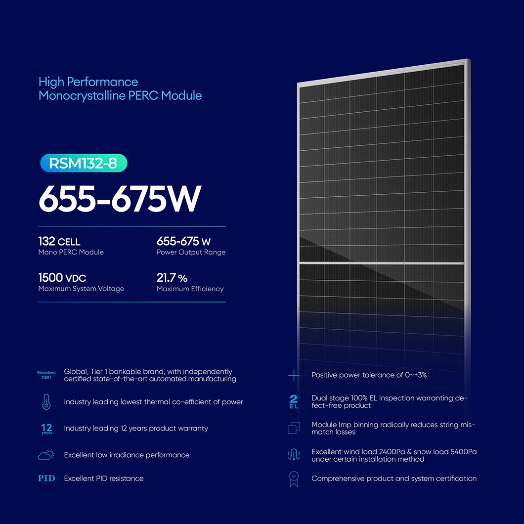 Risen Half Cell Black Solar Panel 650W 660W 670W Bificial Grade a PV Module