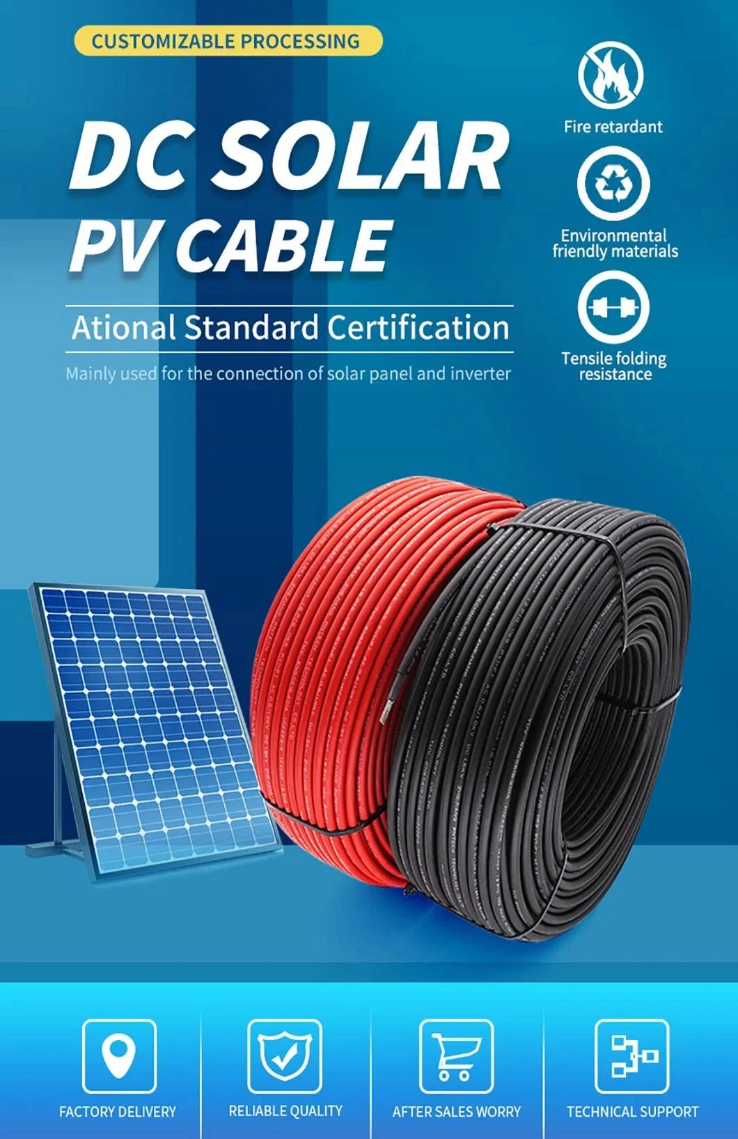 Deye Inverter Tinned Copper DC Solar PV Cable 4mm 6mm 8mm 10mm Power PVC Sheath DC PV Cable Solar Cable for Solar Panel