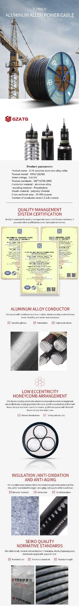 Zhongan Awm Aluminium Alloy Conductor Yjlhv XLPE Insulation PVC Sheath Armoured Steel Type Low Voltage Electrical Wire Cable Power Cable Manufacturing