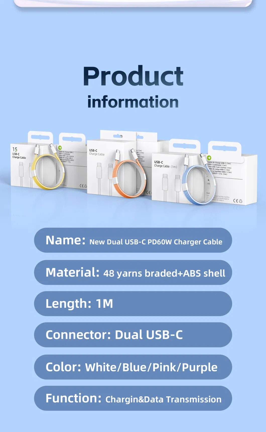Wholesale Original 60W Braided USB 2.0 C-C Cable for iPhone 15 Fast Charging 3A Type C Cable Charge Line for iPhone 15 PRO Max