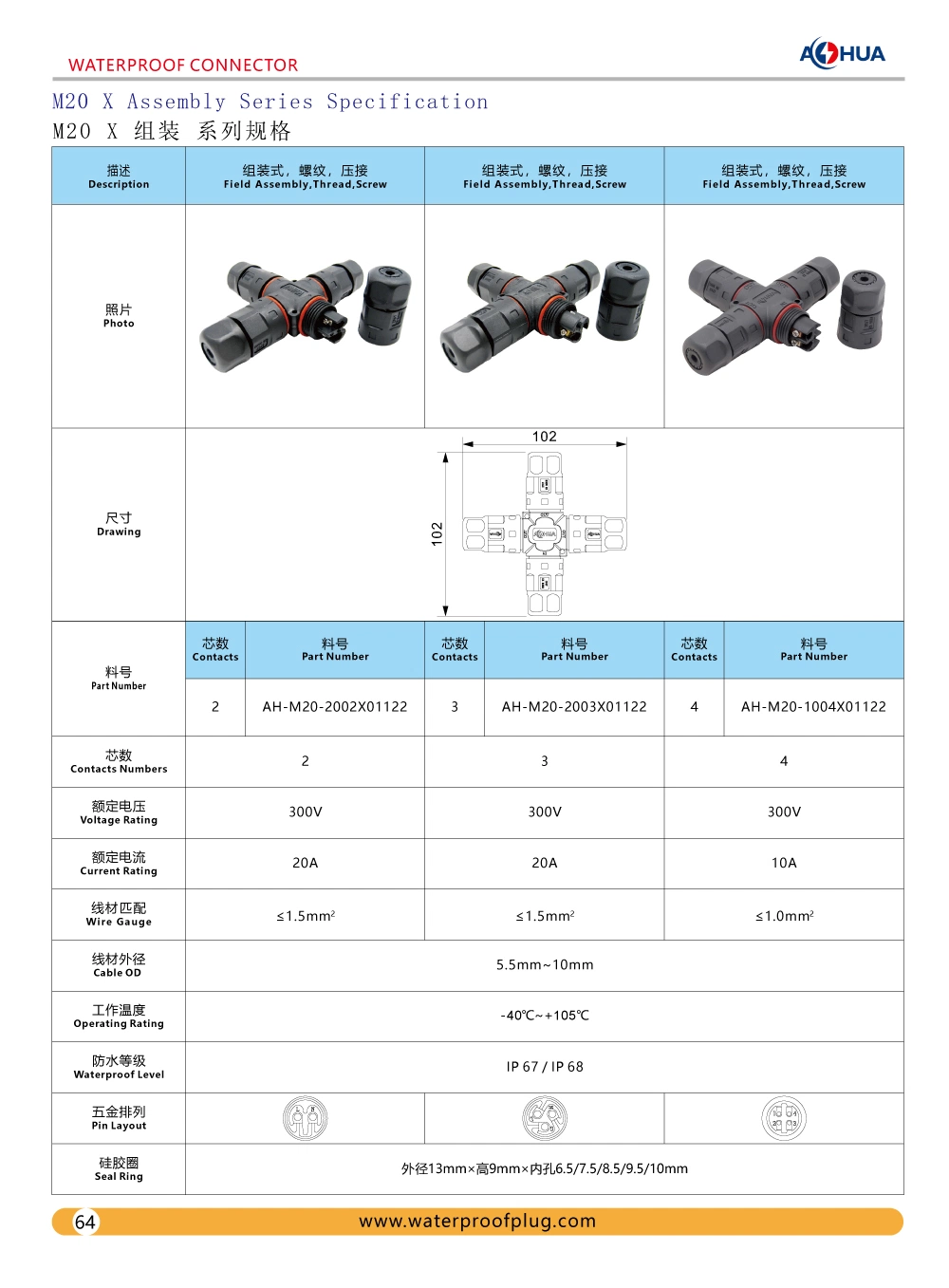 Aohua UL 2pin Waterproof Connector M20 4 Ways Splitter One in Three out Cable Cross Distributor IP67 Assembed Plug Without Cable LED Connector