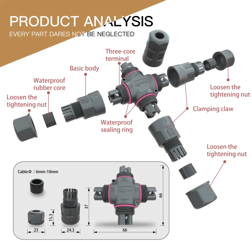 Aohua UL 2pin Waterproof Connector M20 4 Ways Splitter One in Three out Cable Cross Distributor IP67 Assembed Plug Without Cable LED Connector