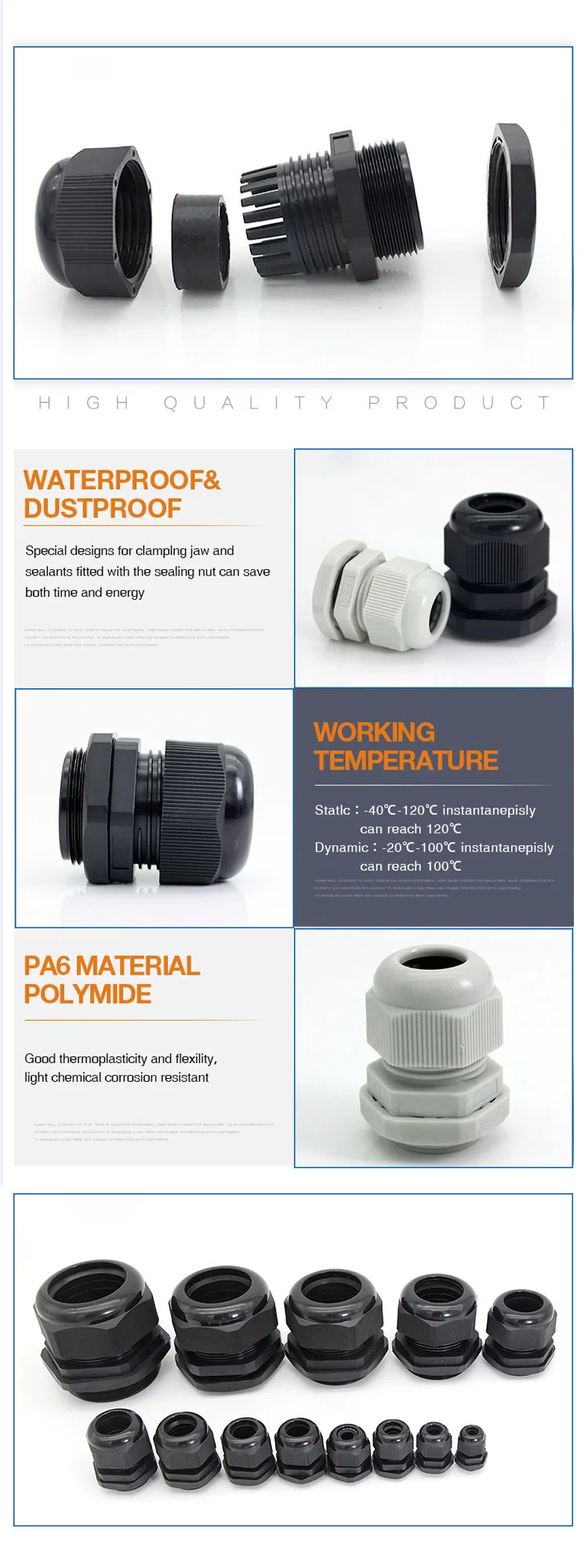 Metric Size Nylon Waterproof Cable Glands PA66 Plastic Pg/M Electrical Cable Accessories
