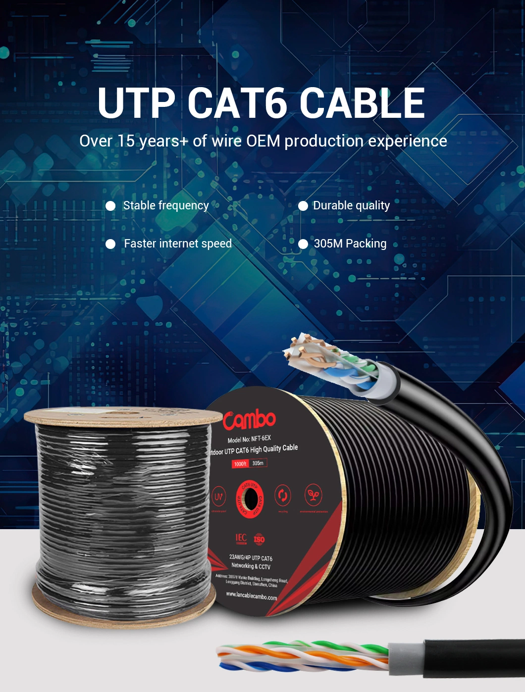 Manufacture 100m 305m 500m CAT6 Copper Bare Bc/CCA Cable Plenum Cat5e CAT6 CAT6A Cat7 Cat8 Ethernet Cable 305m Roll Network Cable