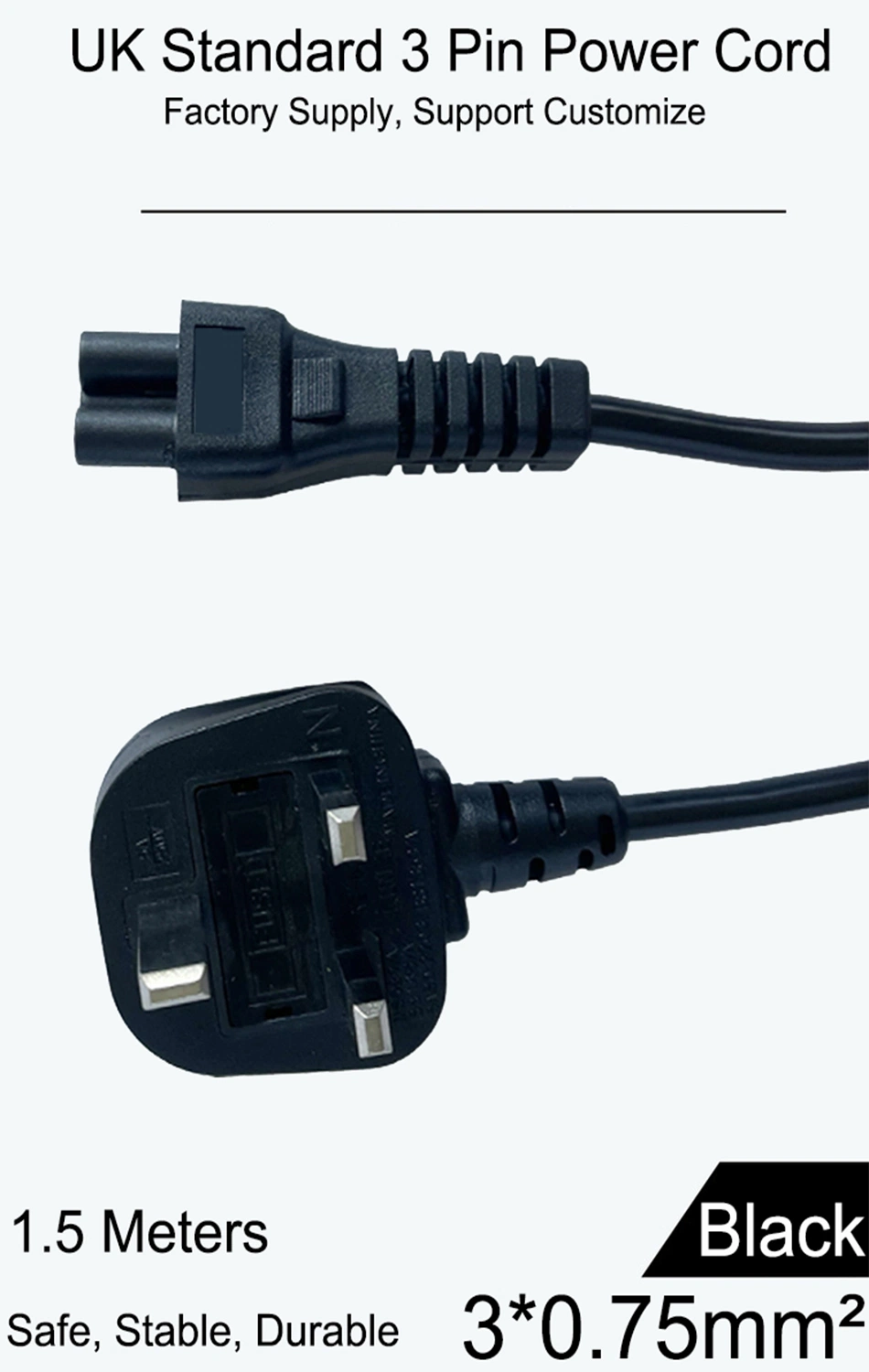 Factory 3 Pin UK Kettle Lead Main Plug AC Cable with Female Ends for Computer Laptop Power Cord