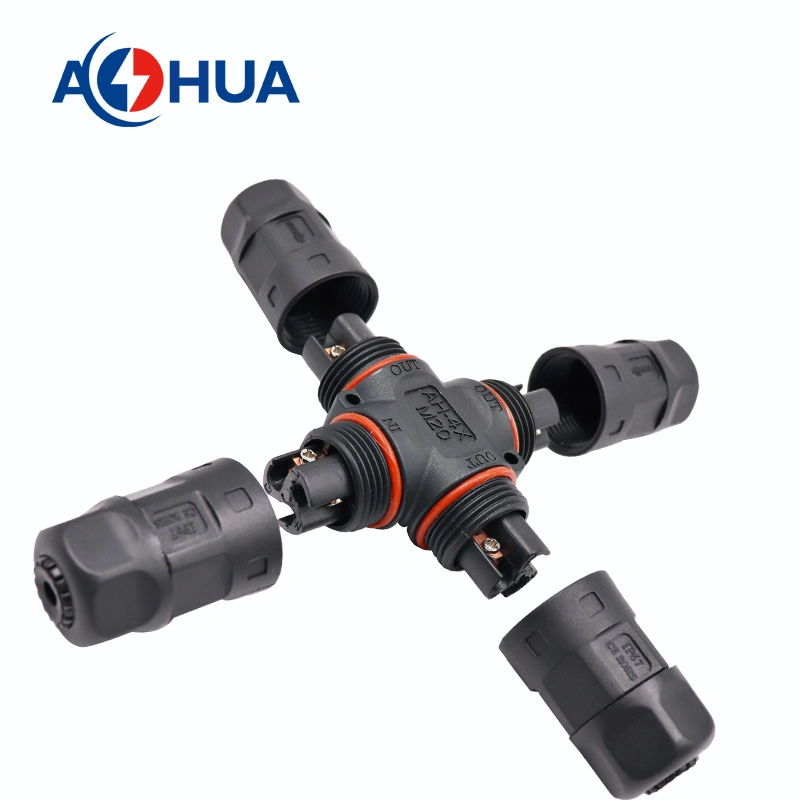 Aohua UL 2pin Waterproof Connector M20 4 Ways Splitter One in Three out Cable Cross Distributor IP67 Assembed Plug Without Cable LED Connector