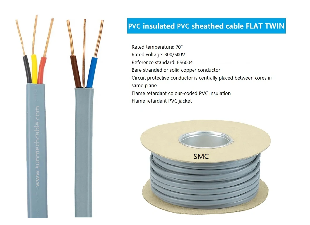 Copper Electric Wire 2X2.5mm 2X1.5mm with Earth BS6004 Twin Flat Cable