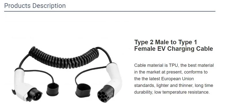 High Conductivity Customized Type 1 to Type 2 Plug Spiral 16A 1 Phase Portable Electric Vehicle EV Charging Cable for Power Supply