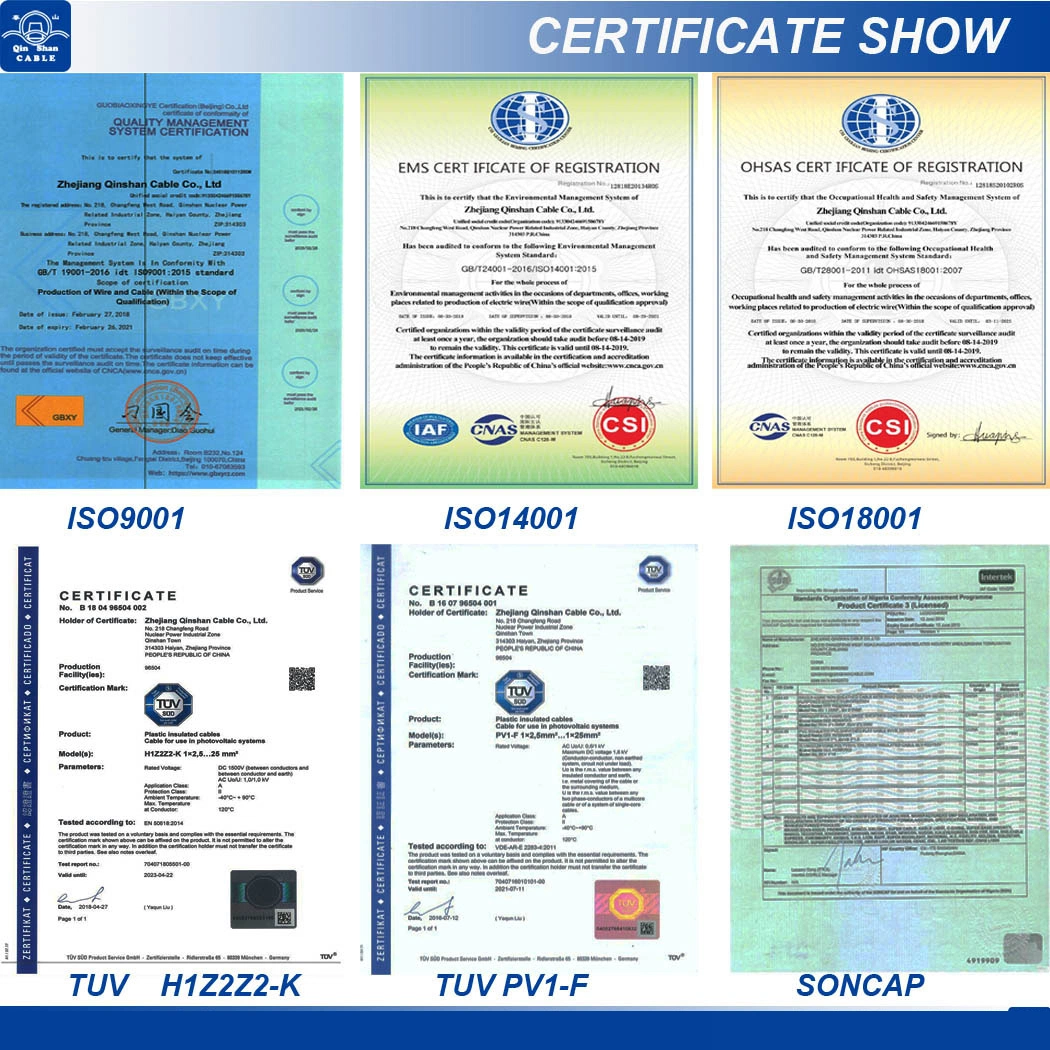 China Manufacturer 10mm Solar Cable TUV Certificate for Photovoltaic System