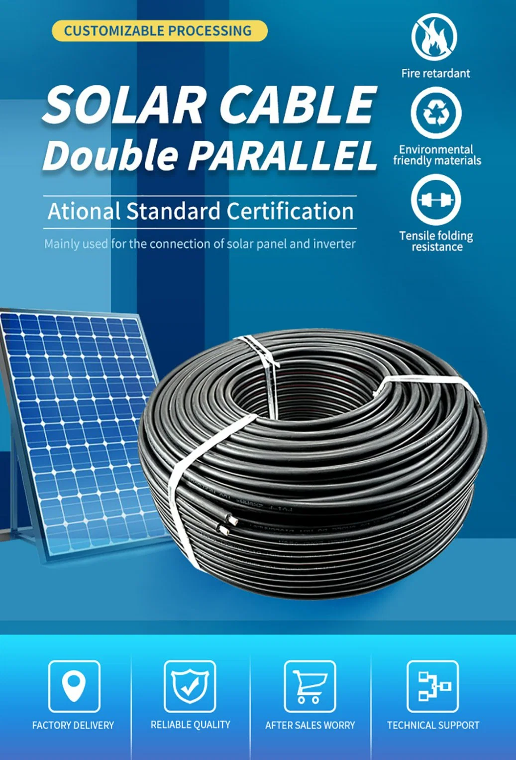 TUV Certification 1000V DC Copper Twin Core PV1-F 2X10mm2 10 mm Electric Wire PV Solar Cable