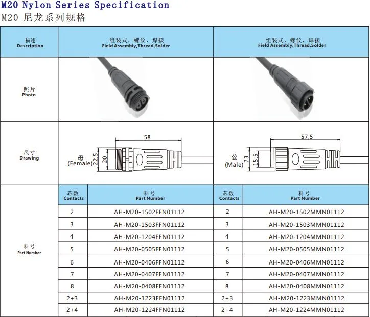 Aohua 3pin IP67 Wire Male Female Waterproof M20 Molding Cable Power Connector