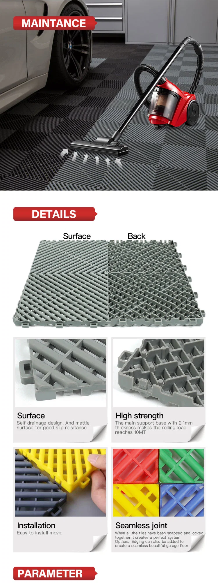 1/6garage Tiles Interlocking Flooring Anti-Slide Plastic/PP Garage Floor Mats