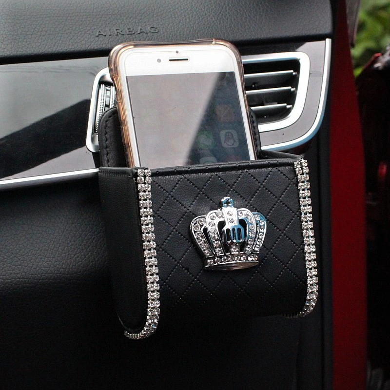 Crystal Diamond Crown Car Outlet Air Vent Trash Box for Auto Mobile Phone Holder Pouch Organizer Hanging Storage Bag