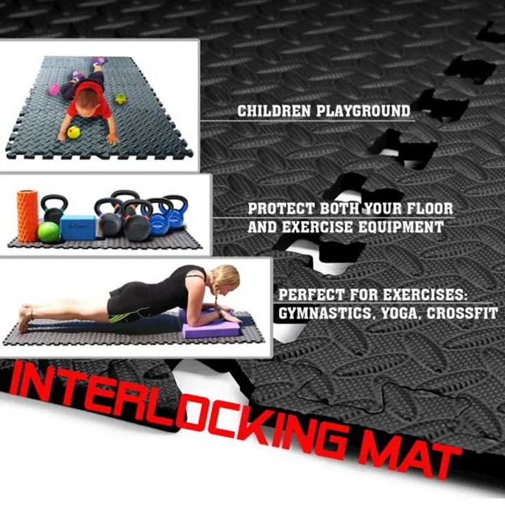 6PCS Gym Flooring Mat EVA Interlocking Foam Mats Black Exercise Training Puzzle Mat Floor Carpet Mat for Gym Workout Pad