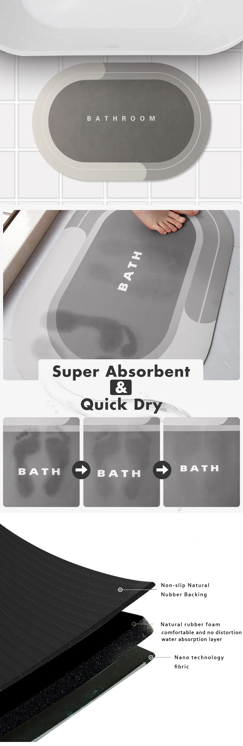 Bathroom Water Absorbent Rug Set Rubber Door Mats Diatom Mud Floor Mat Kitchen Carpet Anti Slip Bath Mat