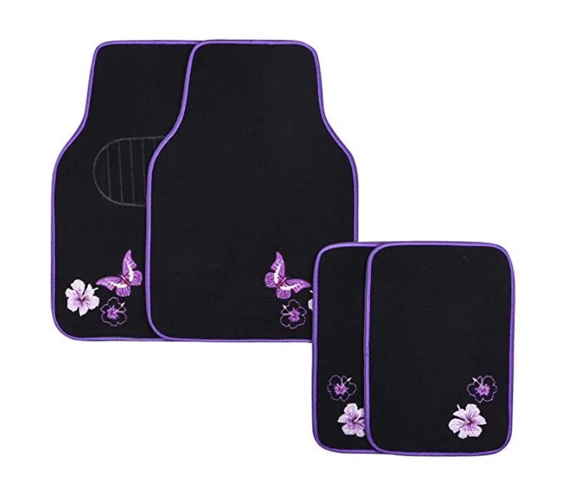 Black and Purple Universal Fit Embroidery Butterfly and Flower Car Floor Mats