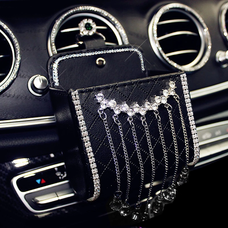 Crystal Diamond Crown Car Outlet Air Vent Trash Box for Auto Mobile Phone Holder Pouch Organizer Hanging Storage Bag