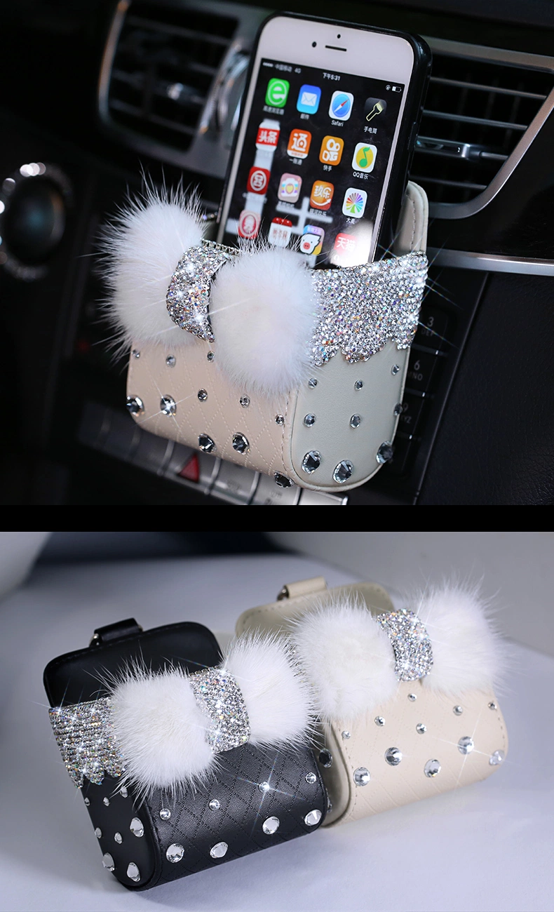 Hot Models Feather Car Air Vent Trash Box Car Phone Holder Rhinestone Small Bag Pendant Storage Bag