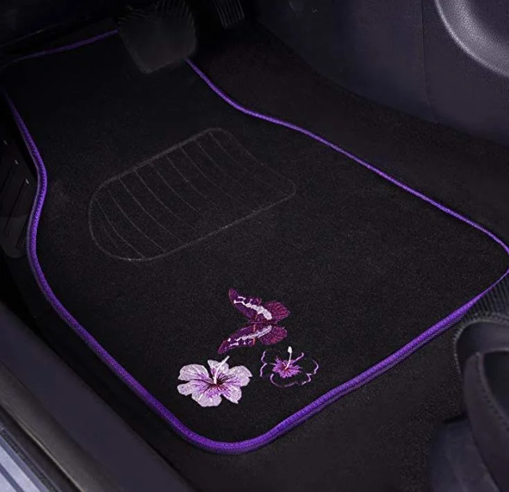 Black and Purple Universal Fit Embroidery Butterfly and Flower Car Floor Mats