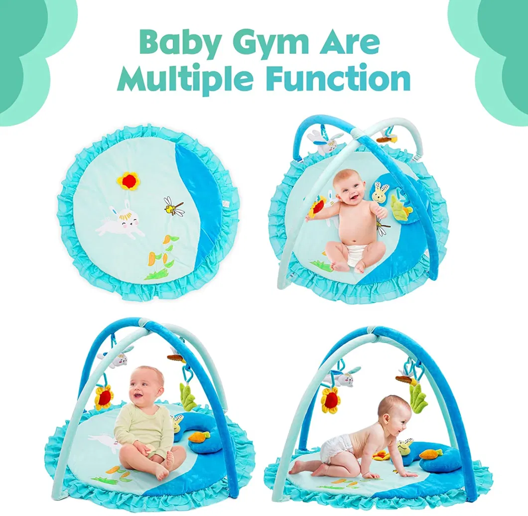 Baby Tummy Time Gym Mat Soft Newborn 4 Hanging Toy Plush Play Mat with BSCI CE