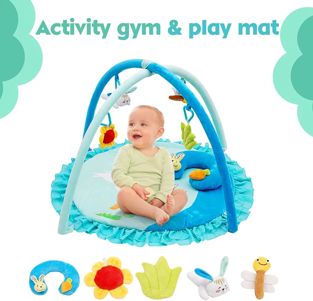 Baby Tummy Time Gym Mat Soft Newborn 4 Hanging Toy Plush Play Mat with BSCI CE