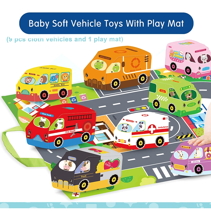 9 PCS Cloth Car and 1 Play Blanket 2 in 1 Foldable Baby City Magic Sticker Educational Play Mat with Storage Carrying Bag