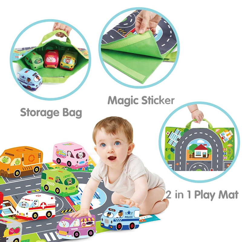 9 PCS Cloth Car and 1 Play Blanket 2 in 1 Foldable Baby City Magic Sticker Educational Play Mat with Storage Carrying Bag