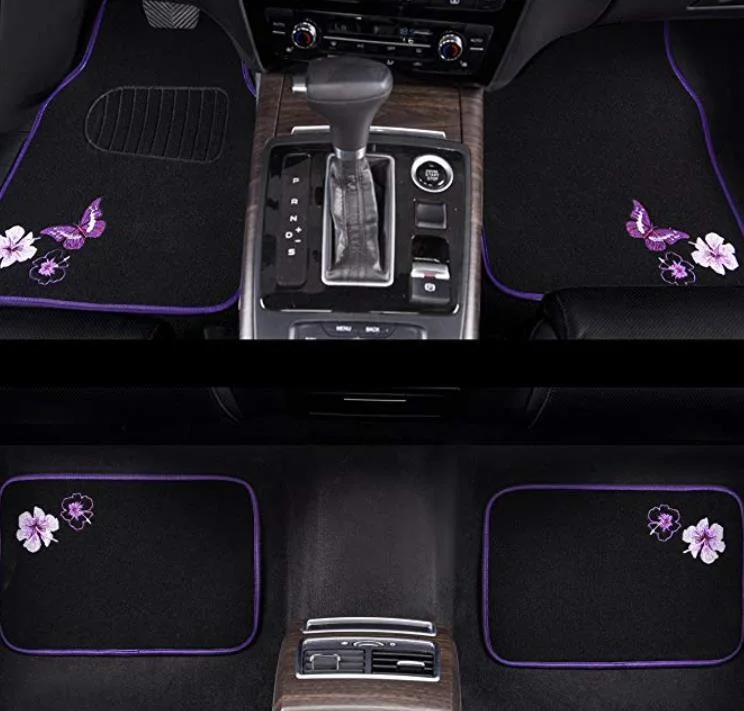 Black and Purple Universal Fit Embroidery Butterfly and Flower Car Floor Mats