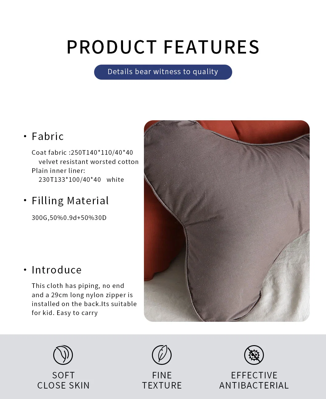 ODM White Skin-Friendly Easy to Carry Comfortable Bone Pillow with Nylon Zipper